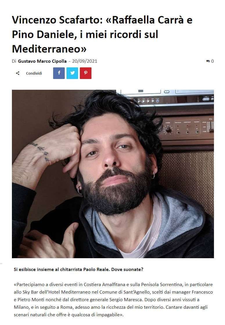 A portrait of Vincenzo Scafarto above an article headline about his memories of Raffaella Carrà and Pino Daniele.