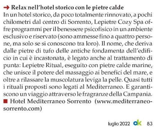 Text describing the Lepietre Cozy Spa at Hotel Mediterraneo in Sorrento, focusing on its treatments and location.