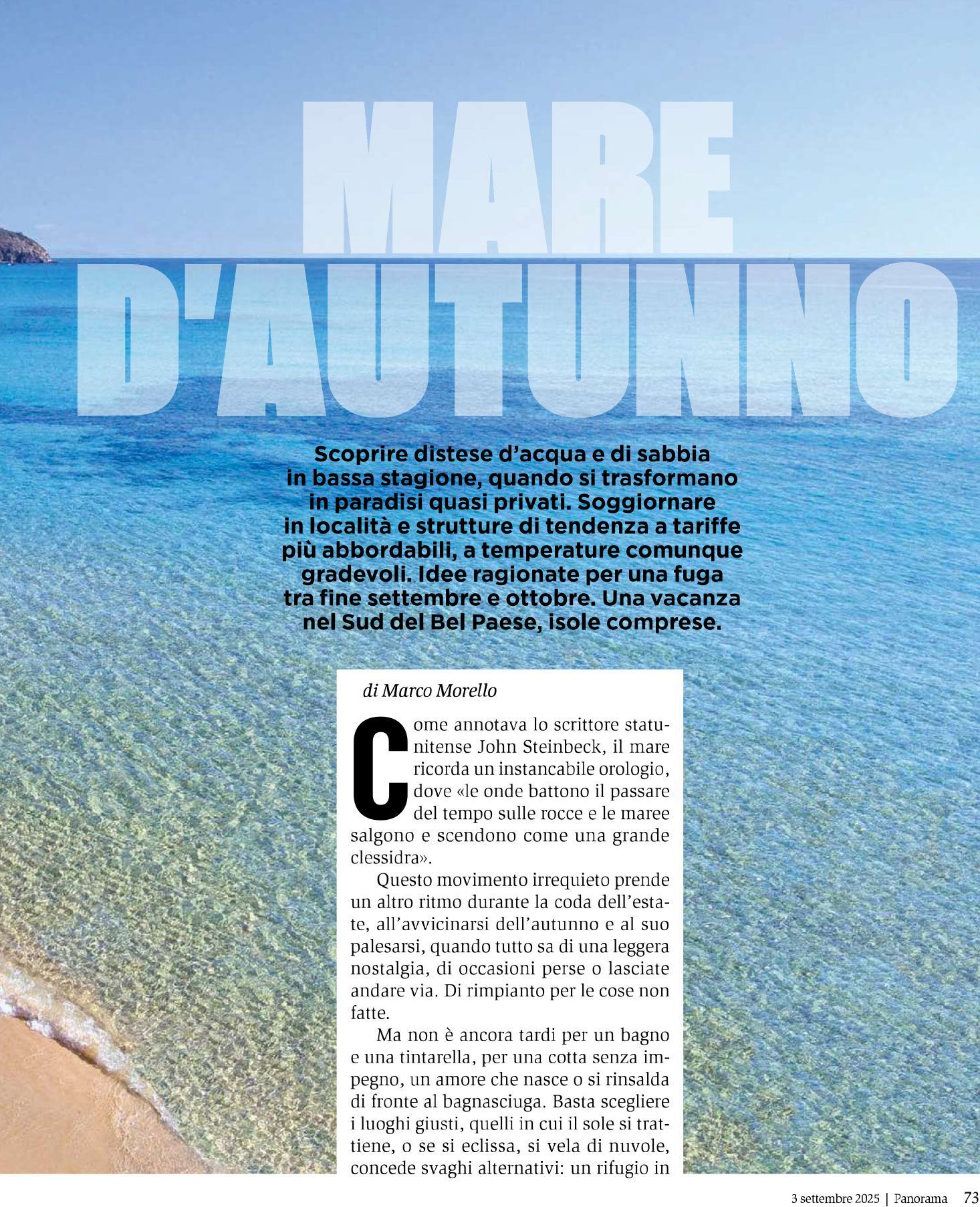 A beach scene with clear turquoise water and sand, overlaid with the Italian title 
