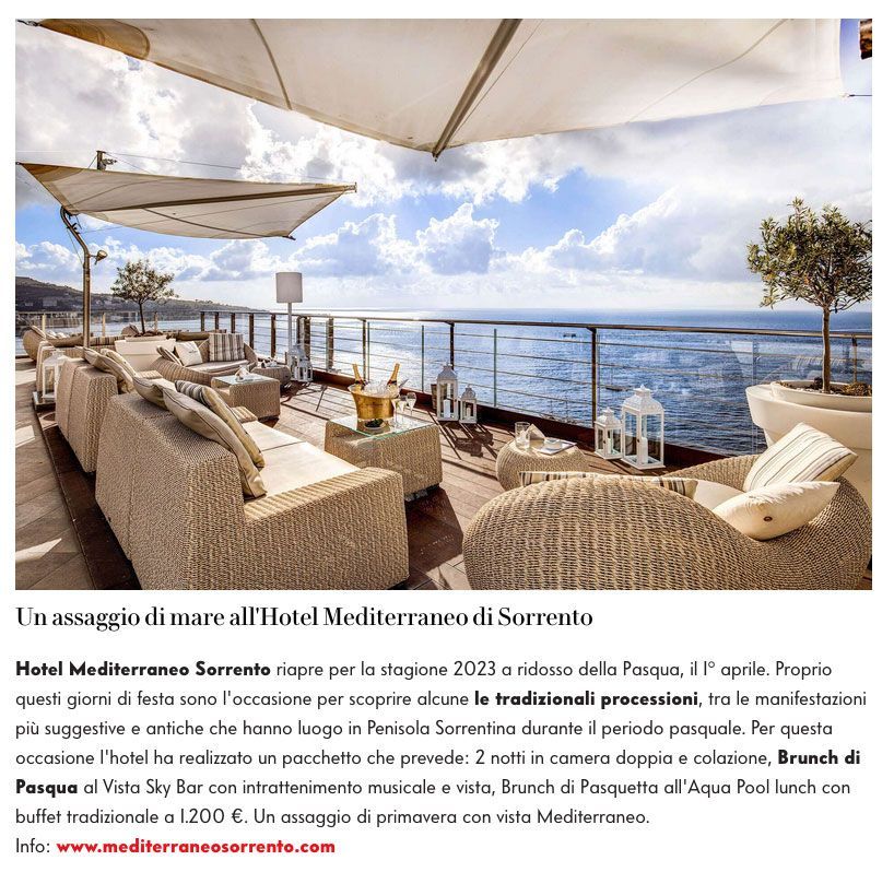 An elegant outdoor terrace with rattan furniture overlooking the sea at Hotel Mediterraneo in Sorrento.