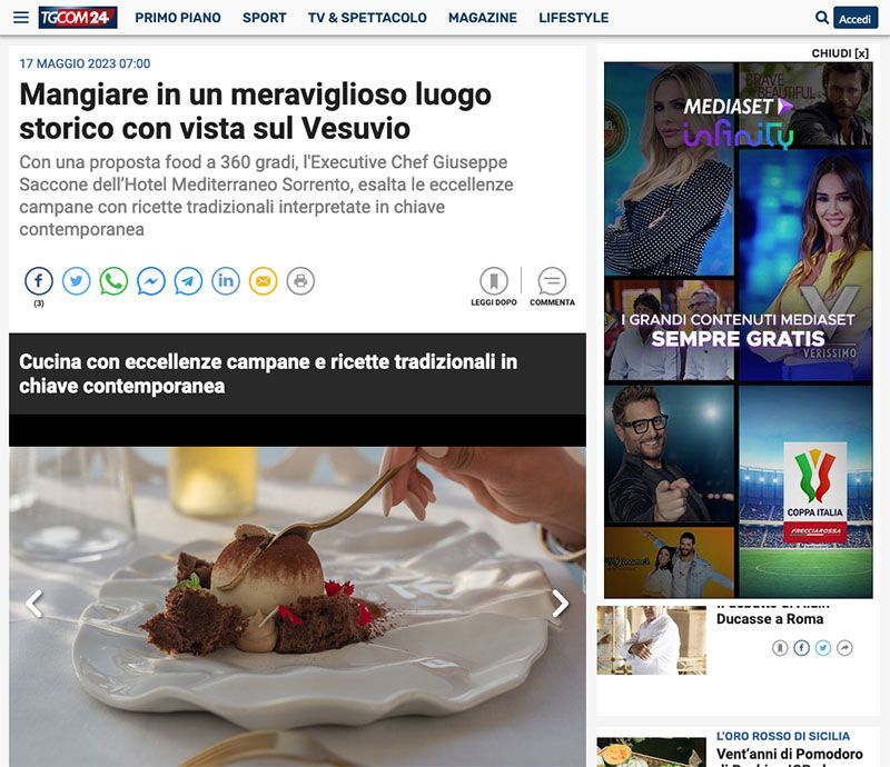 An online news article screenshot featuring a gourmet dessert on a plate and promotional sidebars.