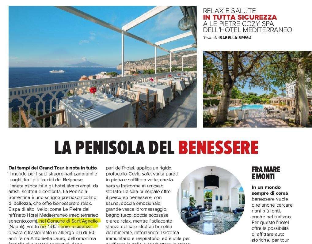 A promotional layout for Hotel Mediterraneo featuring a sea-view terrace, garden pool, interior spa, and travel text.