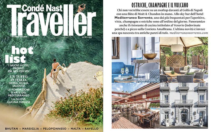 Condé Nast Traveller cover showcasing a seaside scene and an article about the Mediterraneo Sorrento hotel in Italy.