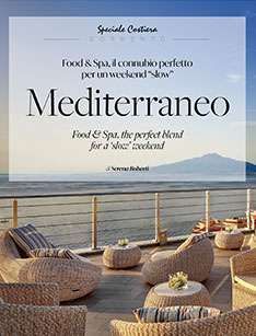 A terrace with wicker chairs overlooks the sea, under text promoting a Mediterranean food and spa weekend getaway.