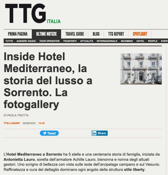 A screenshot of a TTG Italia news article about the history of Hotel Mediterraneo in Sorrento.