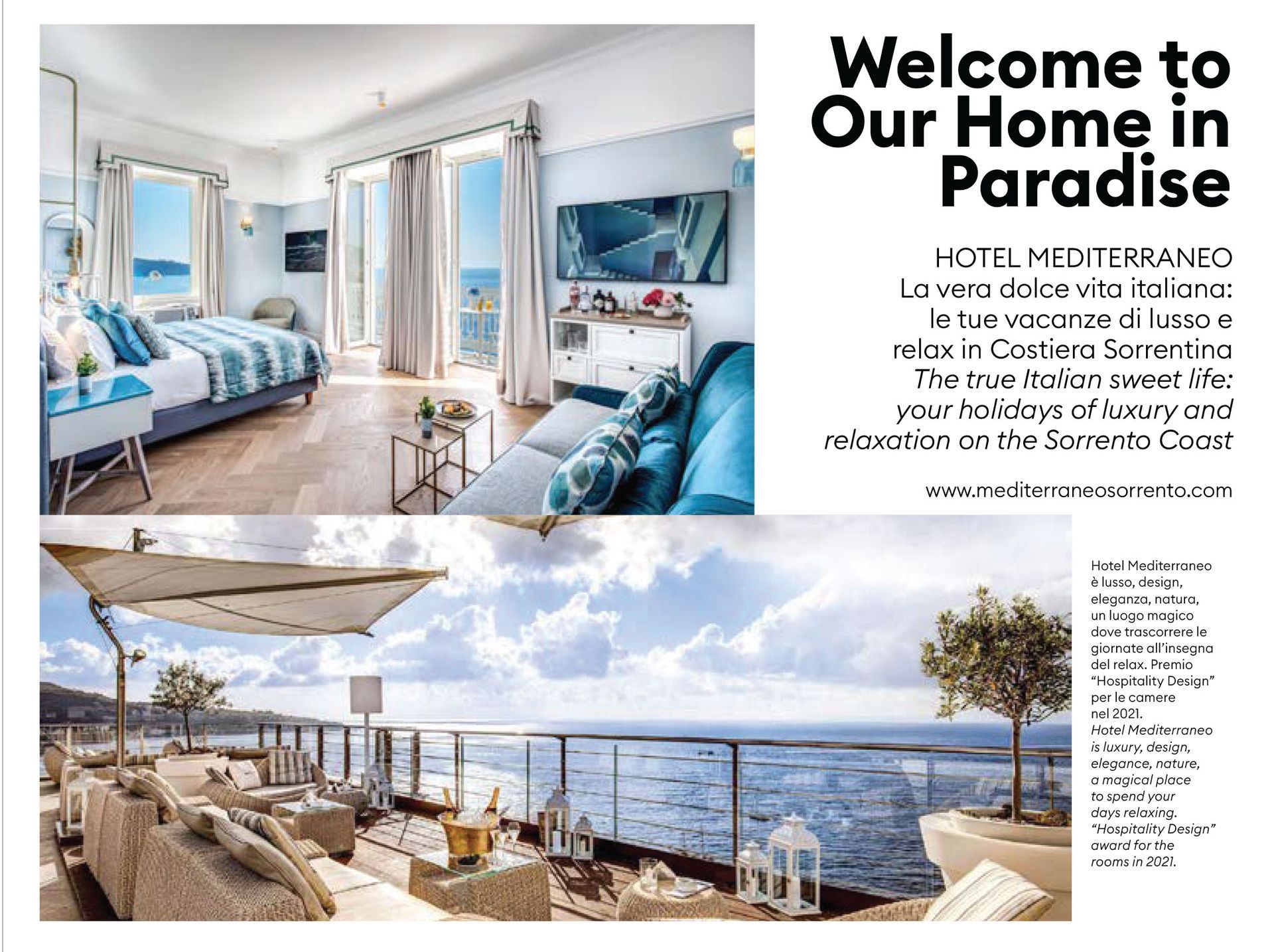 A split-view advertisement for Hotel Mediterraneo showing a luxurious bedroom and a sunny terrace overlooking the ocean.