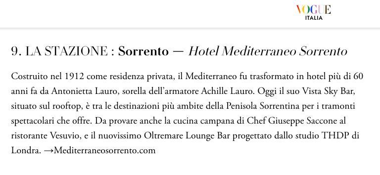 Vogue Italia text snippet about Hotel Mediterraneo Sorrento, its history, rooftop bar, and dining options.