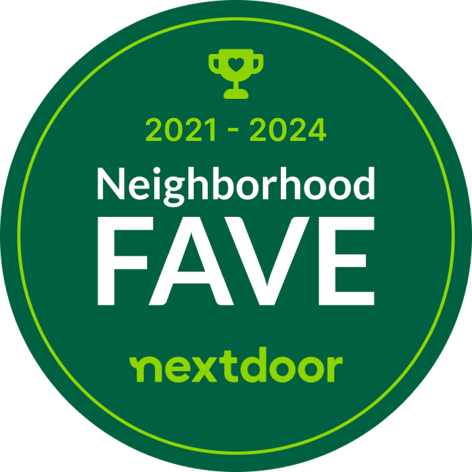 A green circle with the words neighborhood fave nextdoor on it