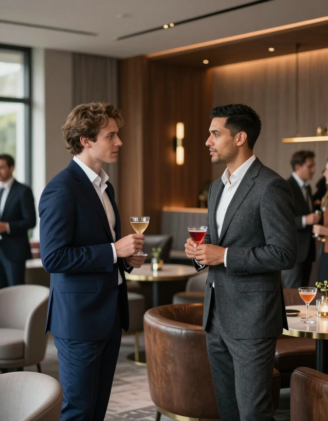 Well-dressed gentlemen in conversation at a cocktail reception