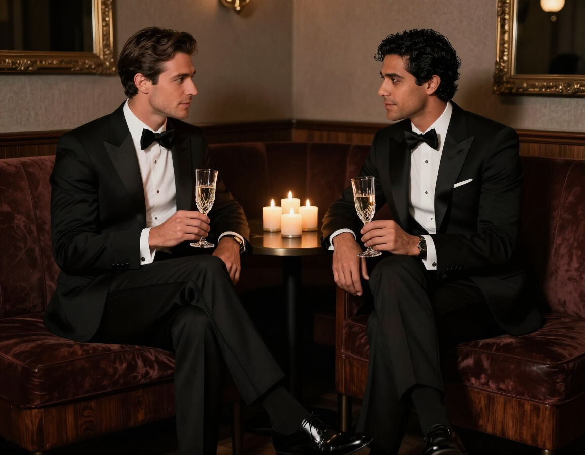 Two elegantly dressed gentlemen in conversation at a candlelit Black Tie Palm Springs event