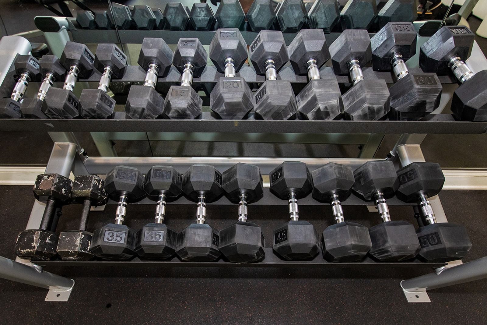 Weight rack at Park Station Apartments.