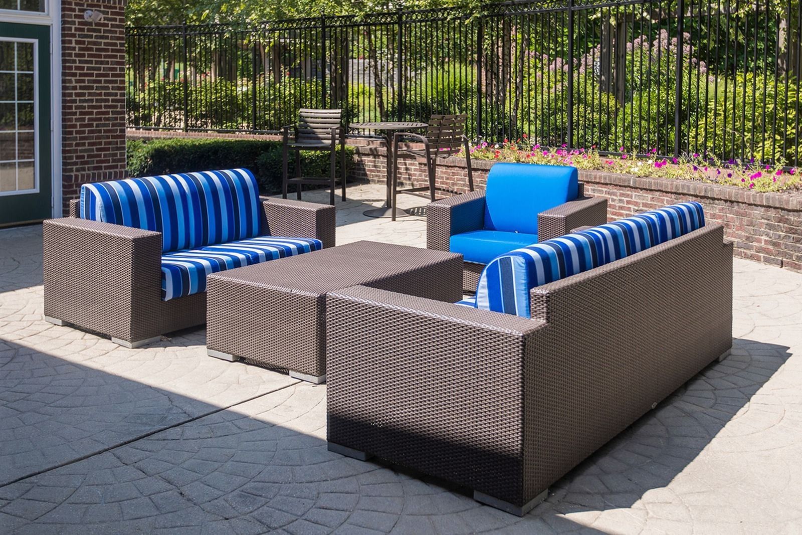 Outdoor lounge seating at Park Station Apartments.