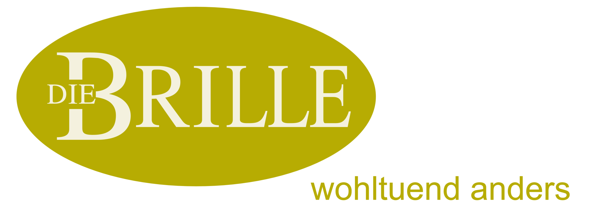Logo für „Die Brille“ in weißer Schrift auf goldenem Oval. Darunter in weißer Schrift „wohltuend anders“.