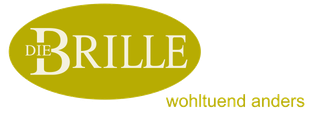 Logo für „Die Brille“ in weißer Schrift auf goldenem Oval. Darunter in weißer Schrift „wohltuend anders“.