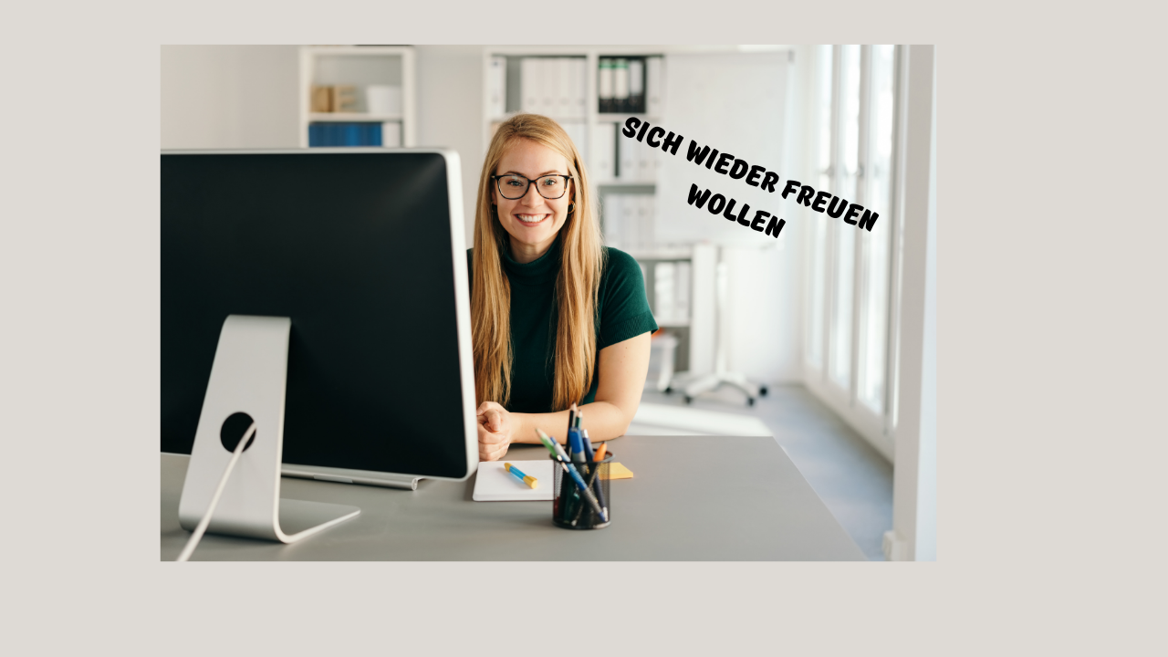 Smiling woman at desk in office; text: 