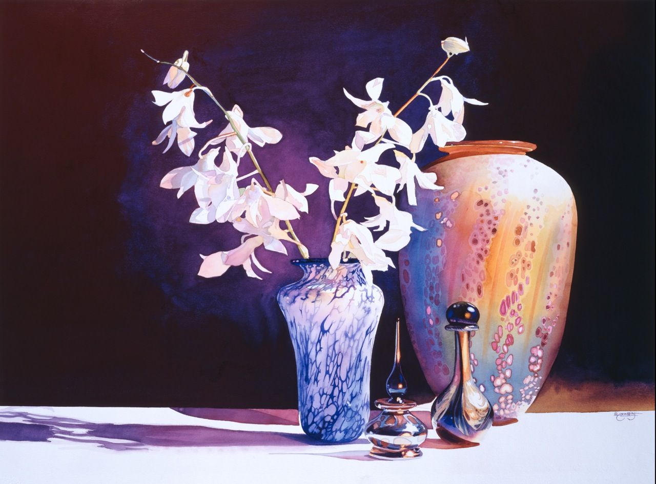 Afterglow by Paul Jackson. A Watercolor Painting of Two Pink Vases, One With Flowers in It.