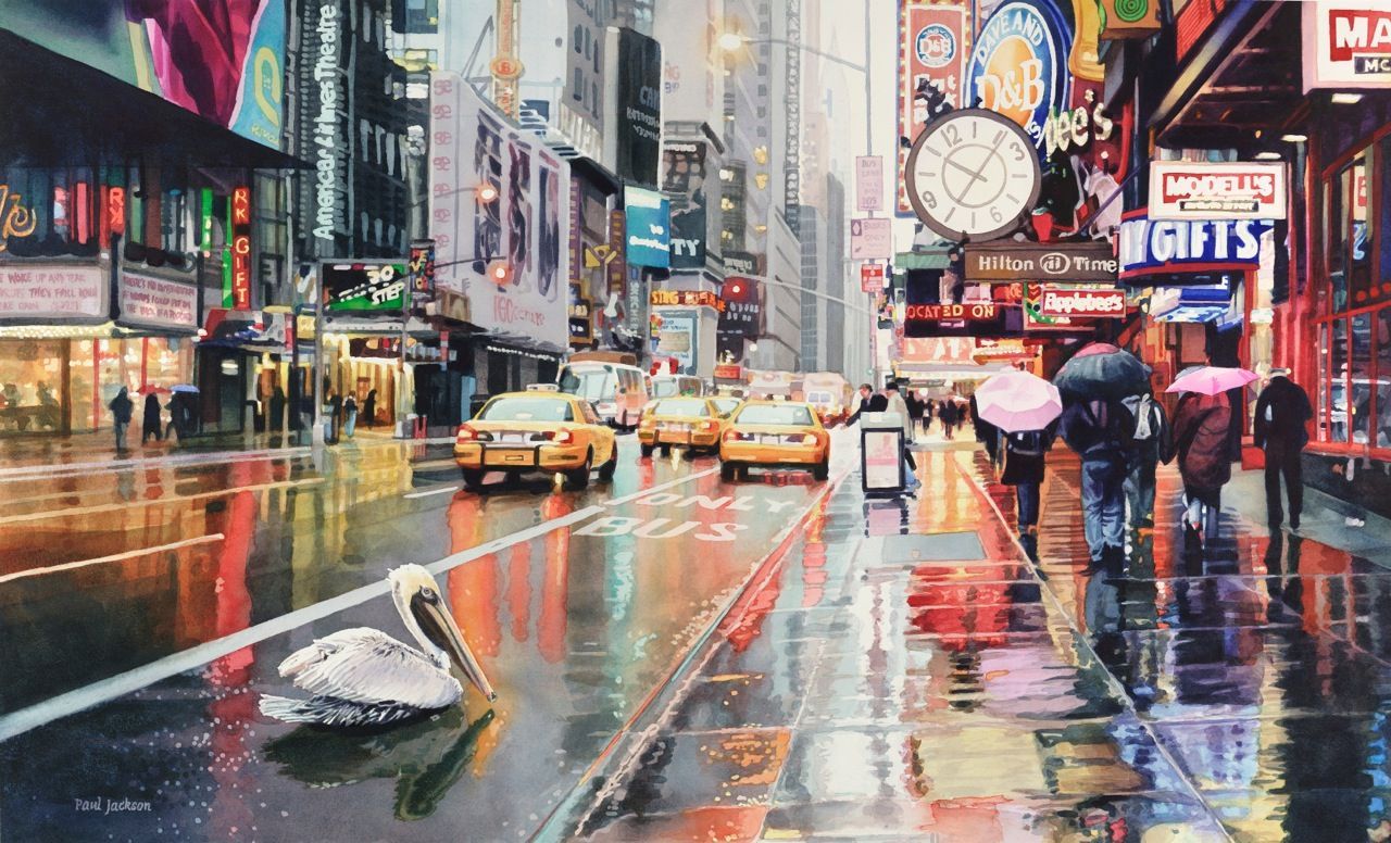 Detour by Paul Jackson. A Watercolor Painting of a White Pelican Sitting in a Puddle in a Large City