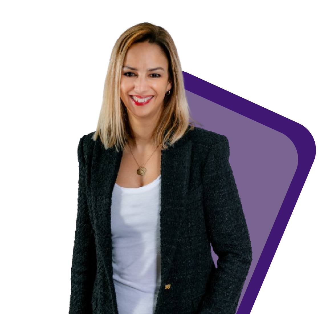 Smiling woman in a black blazer over a white shirt, standing against a white background with a purple shape