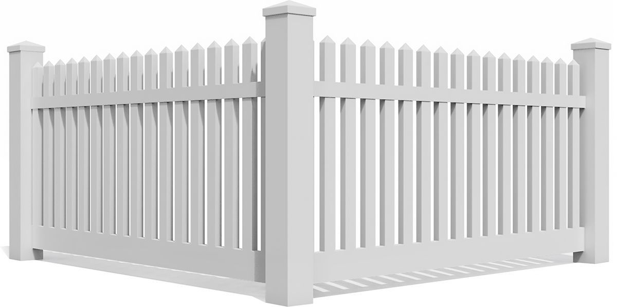 White picket fence corner, angled, in daylight.