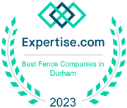 Expertise.com badge: Best Fence Companies in Durham, 2023, with interlocking geometric shapes and laurel wreath.