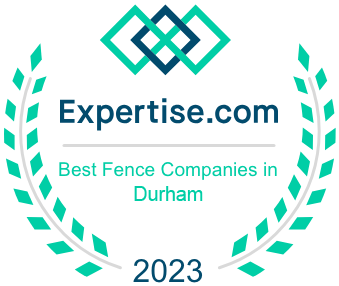 Expertise.com badge: Best Fence Companies in Durham, 2023, with interlocking geometric shapes and laurel wreath.