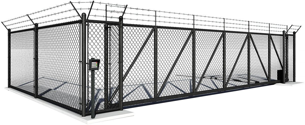 A security fence with razor wire topping, possibly for a prison or restricted area.