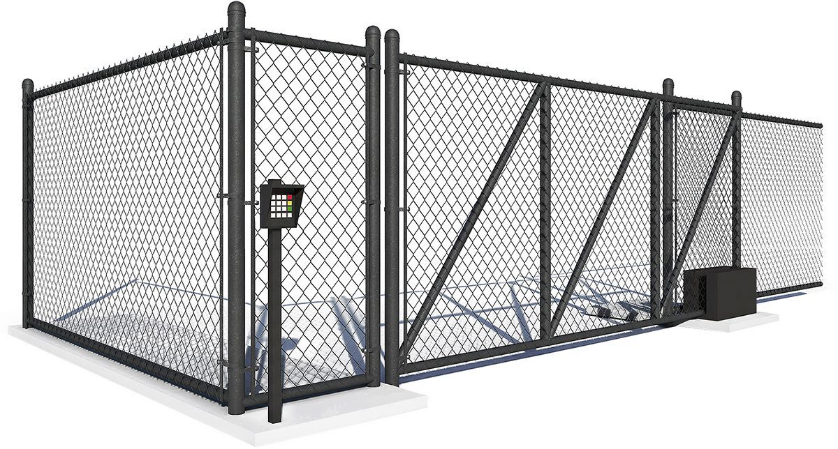 Chain-link fence with gate and security camera in outdoor setting.