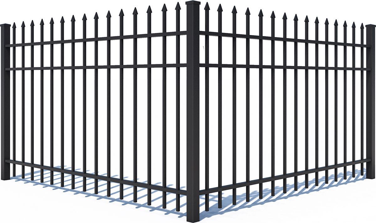 Black metal fence corner with pointed top pickets, on a white background.