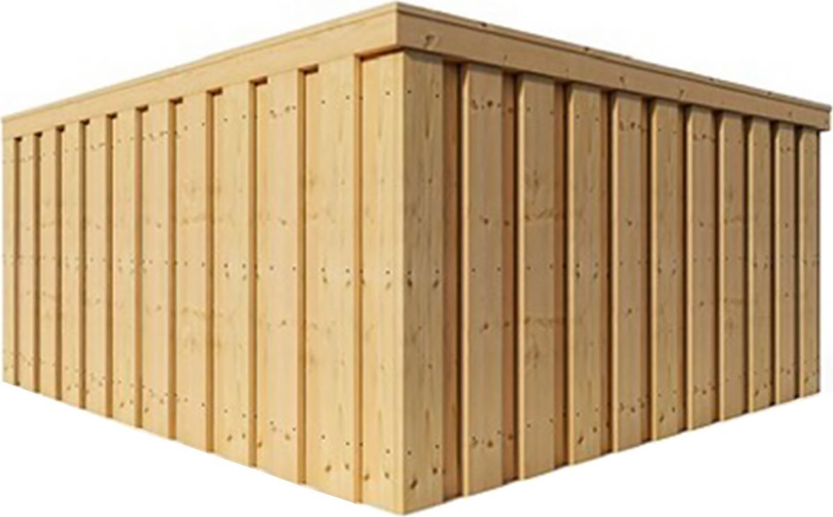 Wooden building exterior with vertical planks and flat roof.