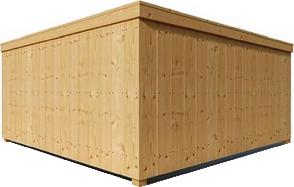 Wooden picket fence forming a corner, light brown with pointed tops.