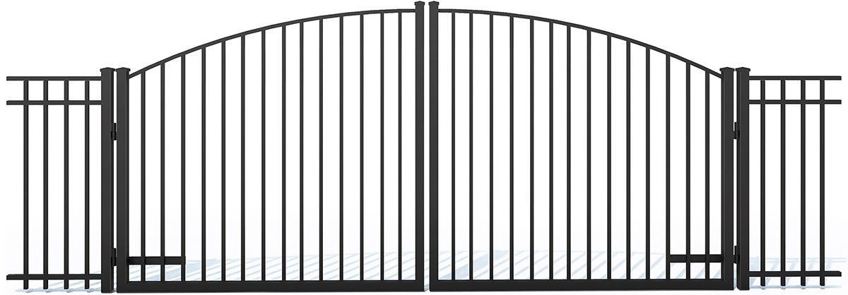 Black wrought iron gate with arched top and surrounding fence.