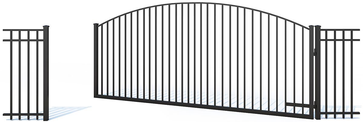 Black metal gate, with vertical bars and a curved top, open with posts on each side.
