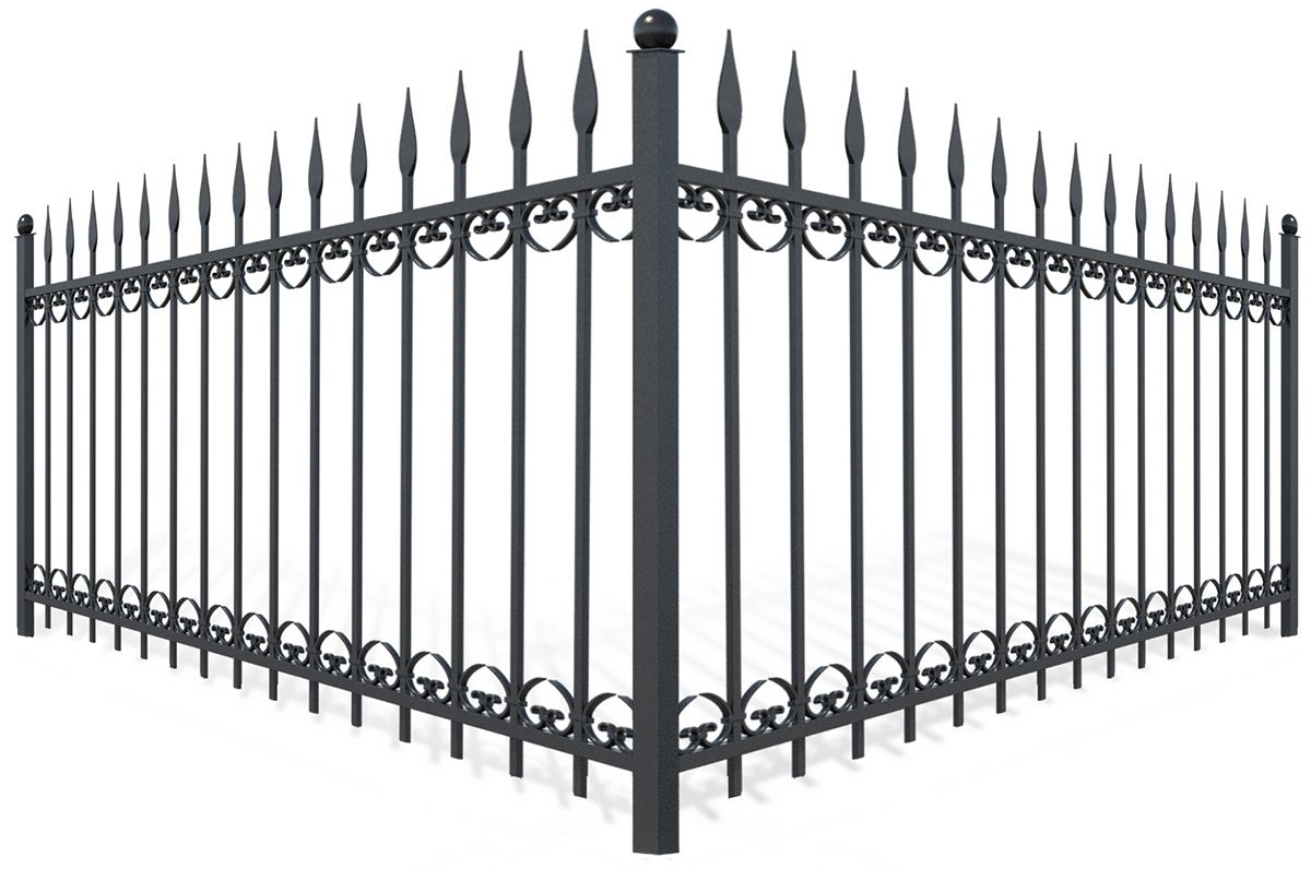 Black metal fence corner section with decorative spear-topped pickets and ring-shaped accents.