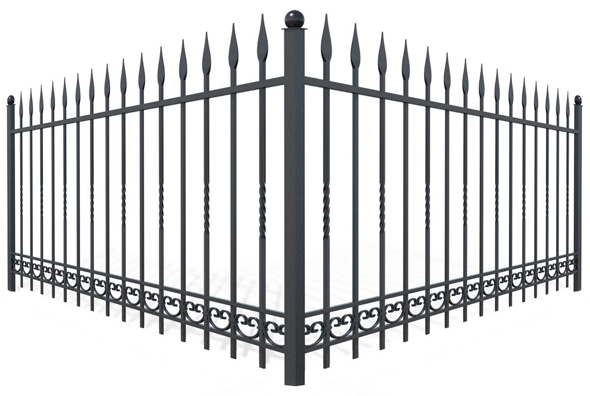 Gray metal fence with pointed tops and decorative lower scrolls at a corner.