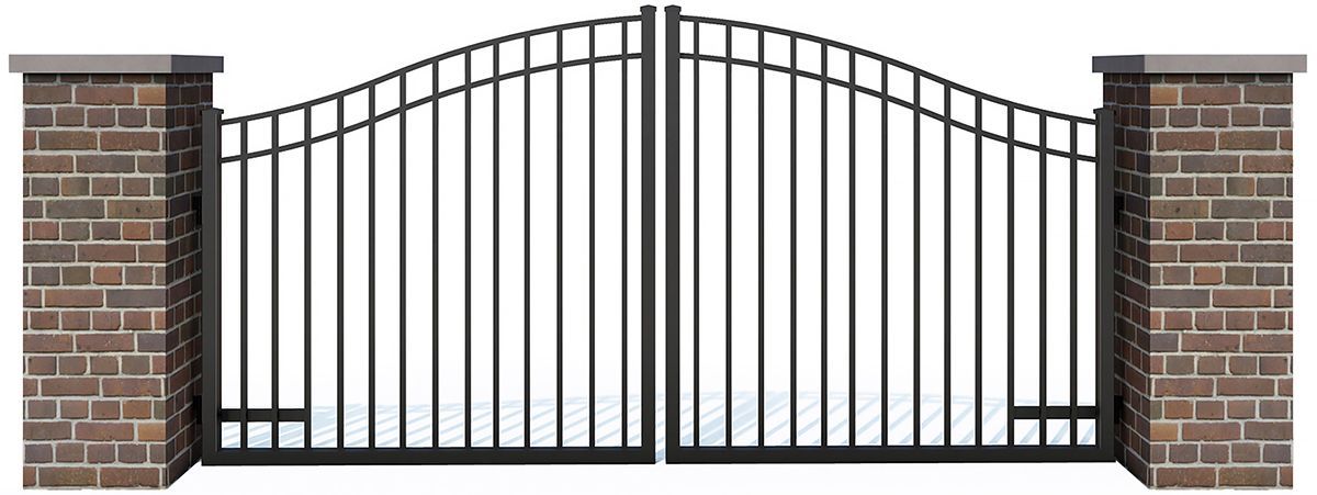 Black iron gate with brick pillars.