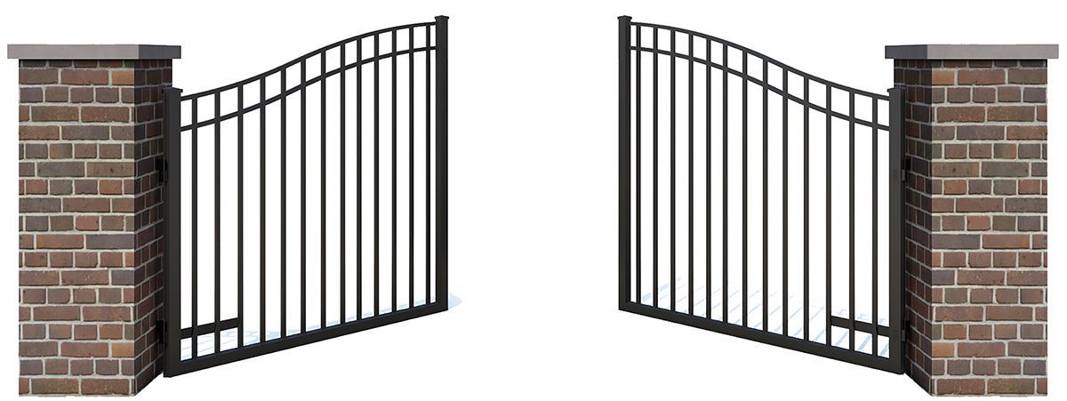 Open black metal gates with brick pillars.