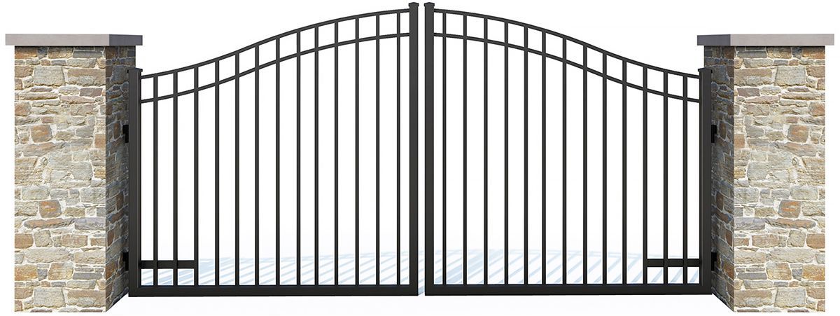 Stone pillars frame a black metal arched gate.