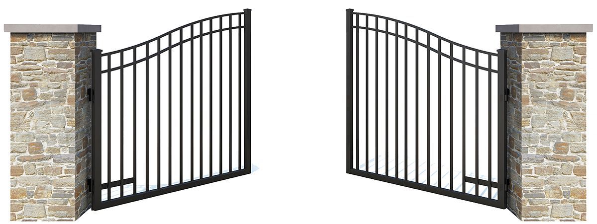 Open black metal gates with stone pillars.