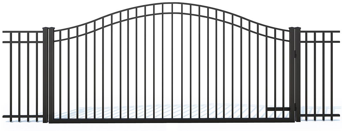 Black metal gate with an arched top, set in a fence.