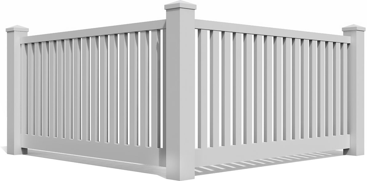 White vinyl corner fence with vertical slats and post caps.