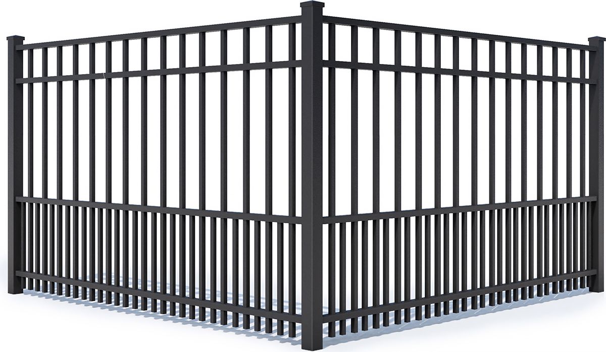 Black metal fence forming a corner, with vertical bars.