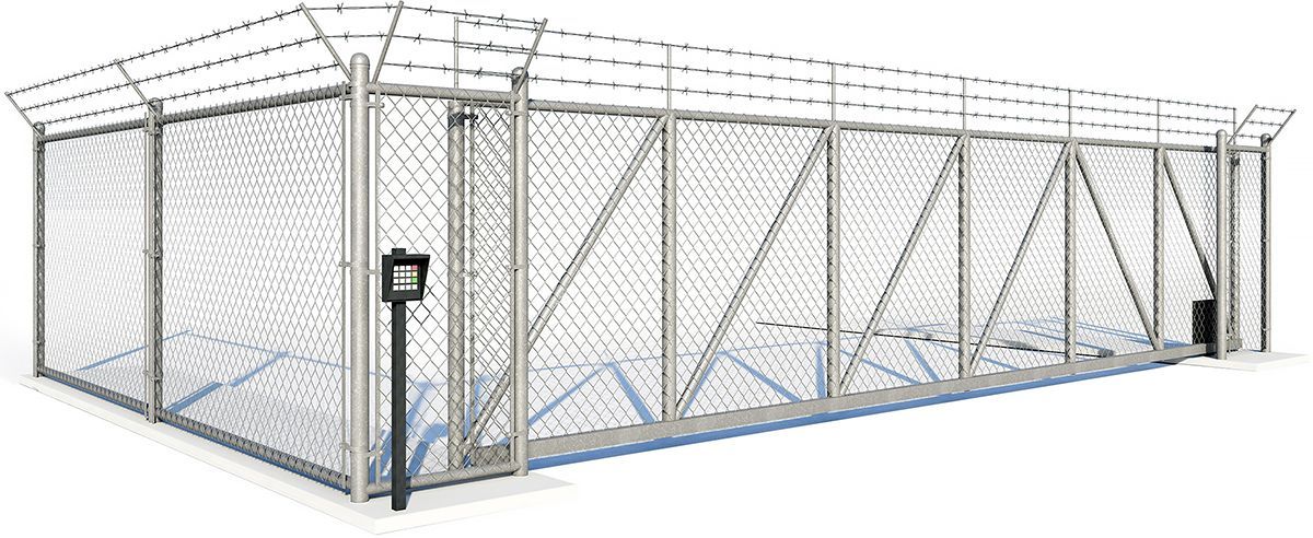 Security fence with barbed wire, metal frame, and a control panel.