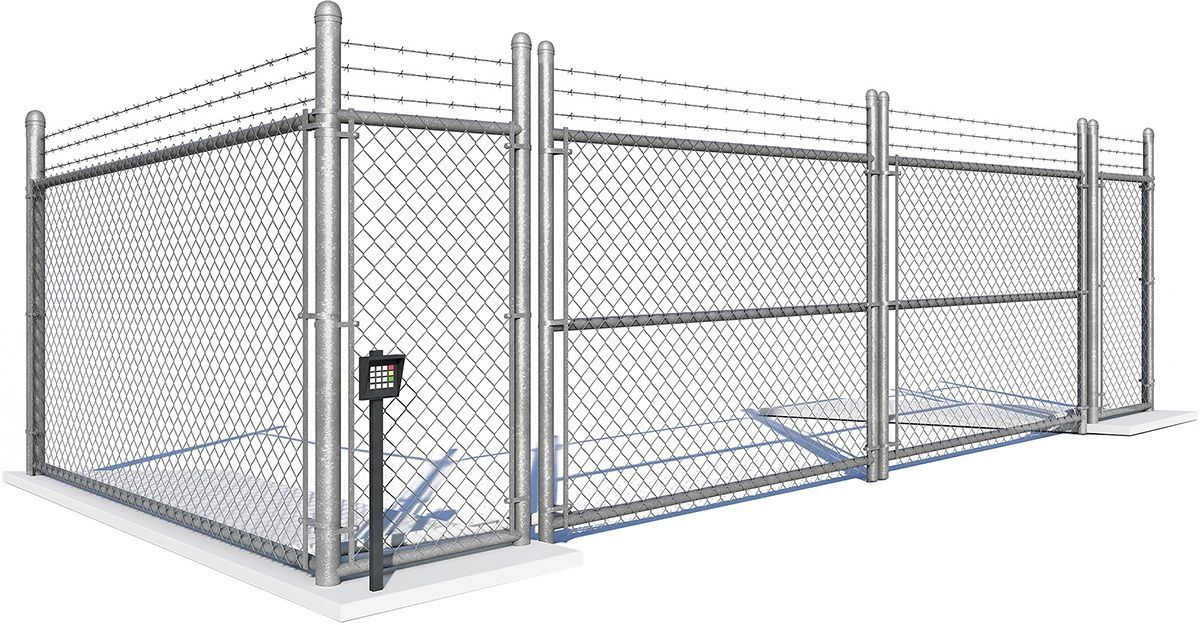 Chain-link fence with barbed wire on top, enclosing a rectangular area; gray metal and fencing.