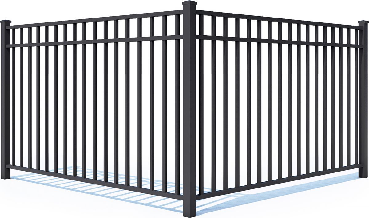 Black aluminum fence forming a corner, with vertical bars and a post at the corner.