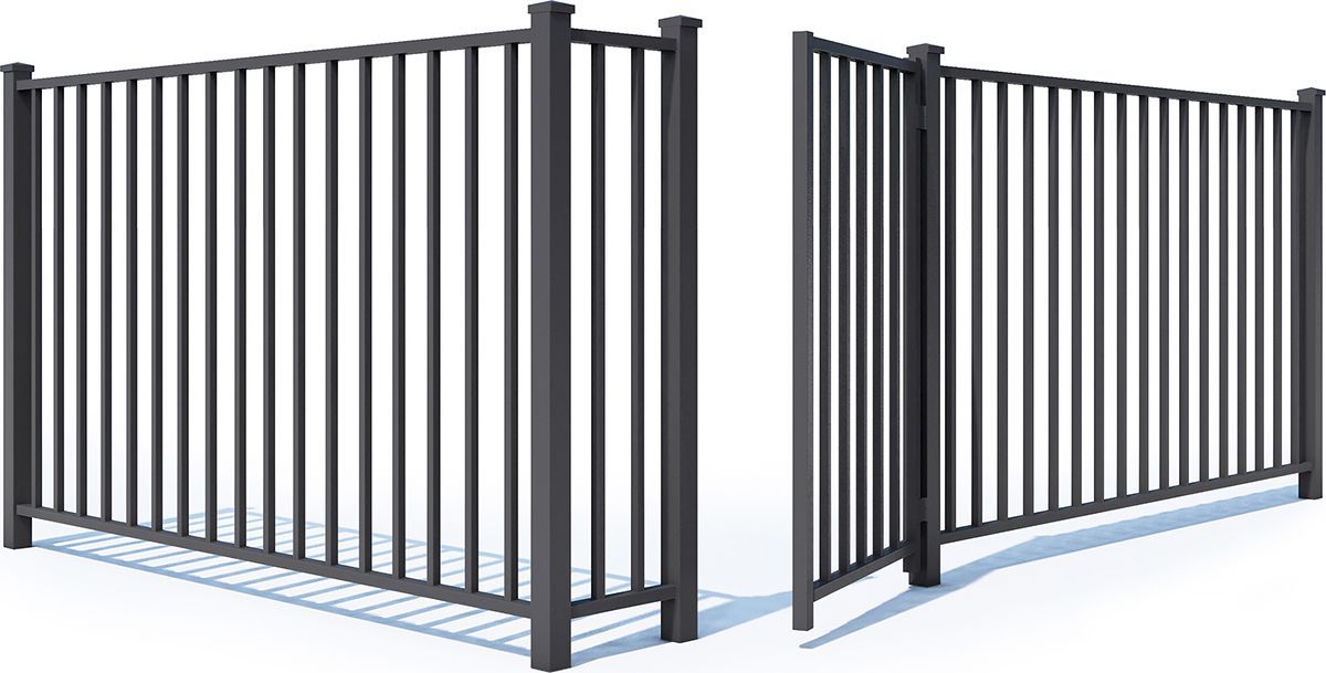 White vinyl fence with gate open, showing the latch and hinges.