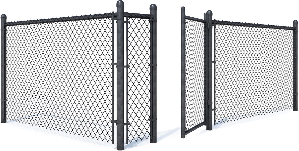 Chain link fence with an open gate. Dark metal posts and black mesh.
