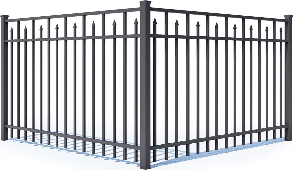 Black metal fence forming a corner, outdoors, with vertical pickets and pointed tops.