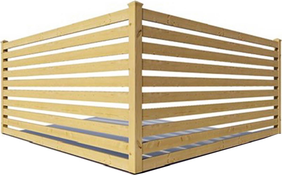 Wooden corner fence with horizontal slats.