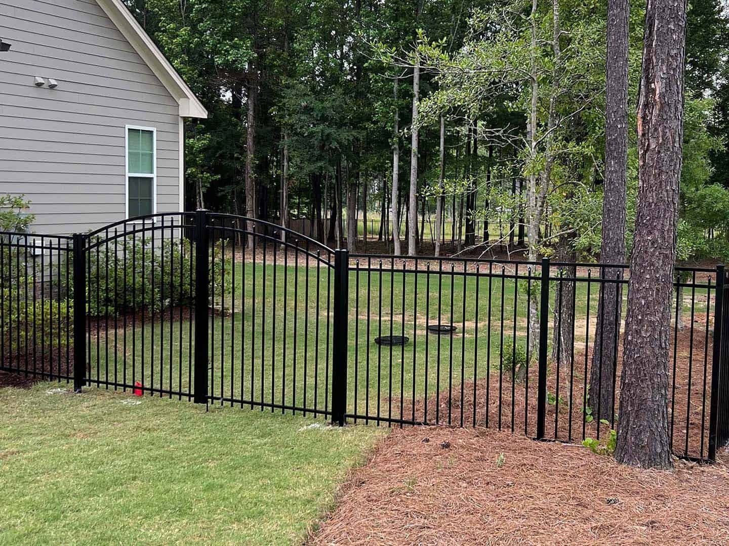 Black metal fence encloses a backyard with trees; green grass in the foreground, house visible on the left.