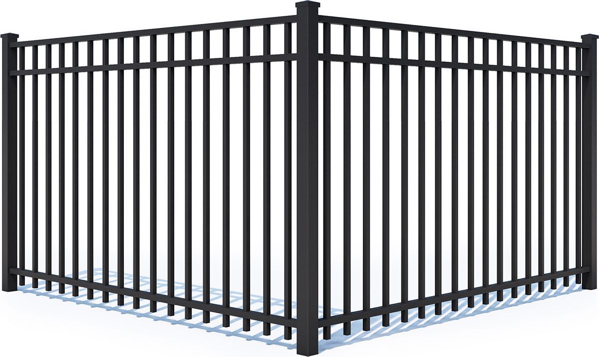 Black metal fence forming a corner, with vertical bars and horizontal rails, on a snowy surface.